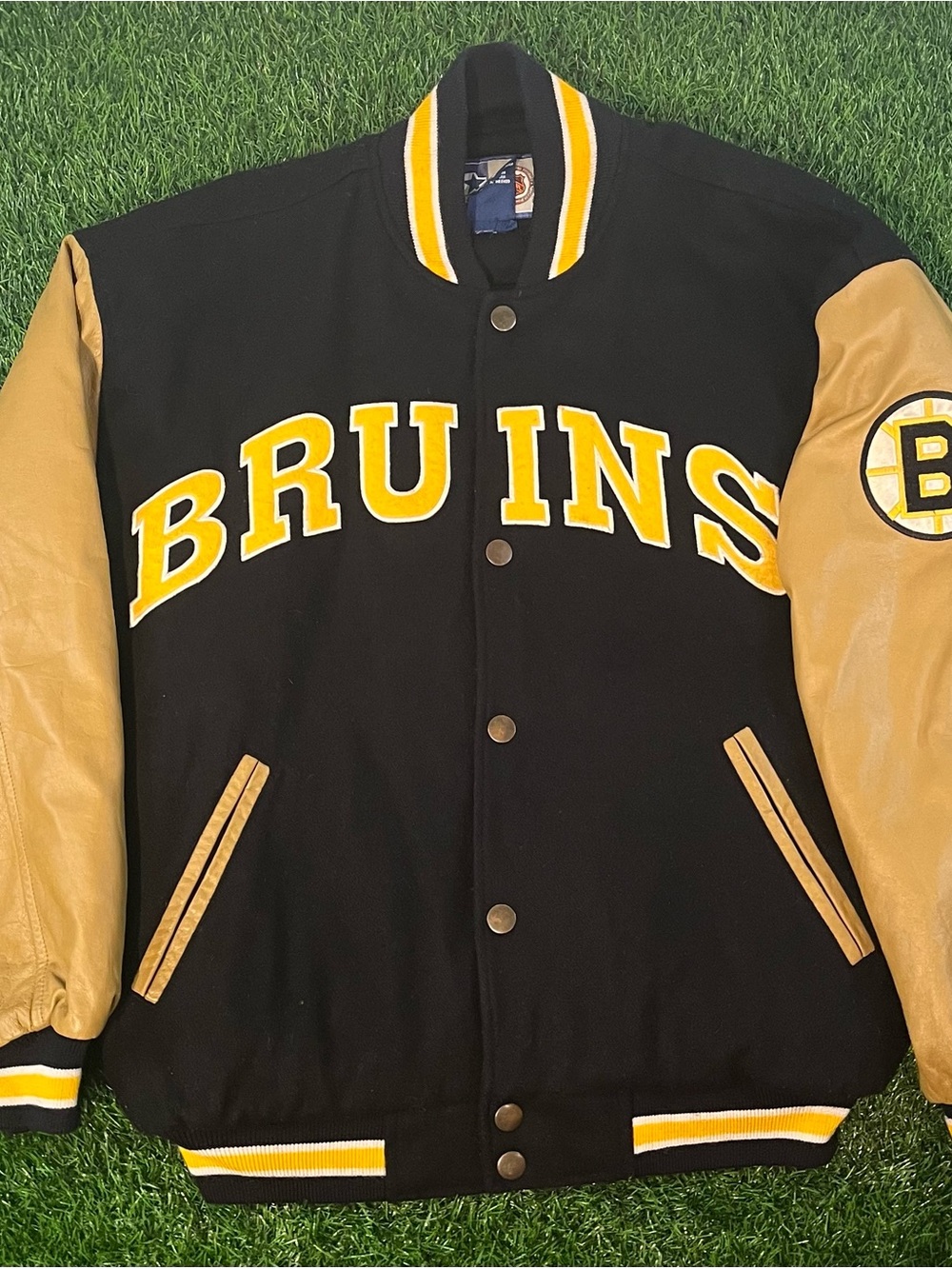 Vintage 90s STARTER NHL Bruins Black Yellow Varsity Jacket Leather Arms Mens M